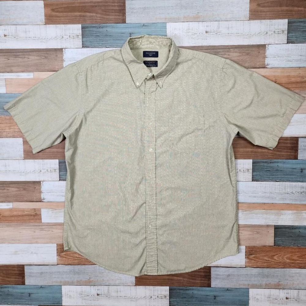 Dockers Mens Large Tan Blue Micro Check Stain Defender No Wrinkles Button Shirt